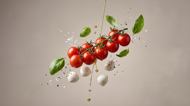Tomates Cerises en Suspension sur Fond Blanc