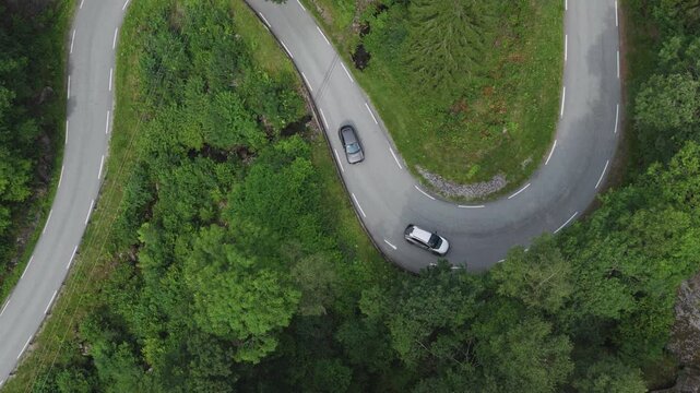 Aerial view of winding forest road with cars in lush summer landscape