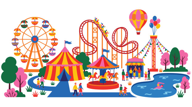 Amusement park festival scene with rides and attendees.
