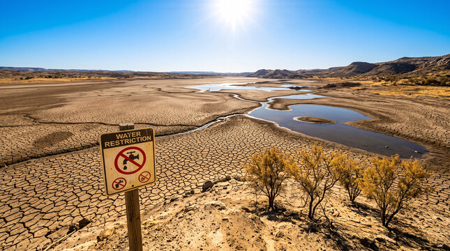 Paysage de S&eacute;cheresse avec Rivi&egrave;re Ass&eacute;ch&eacute;e et Panneau d'Interdiction