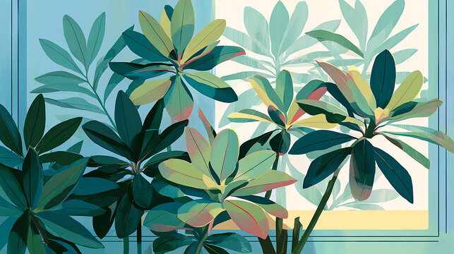 Modern botanical composition with oversized tropical leaves in teal, green and coral tones framed by geometric shapes. Elegant contemporary nature illustration for wall art, interiors and design.
