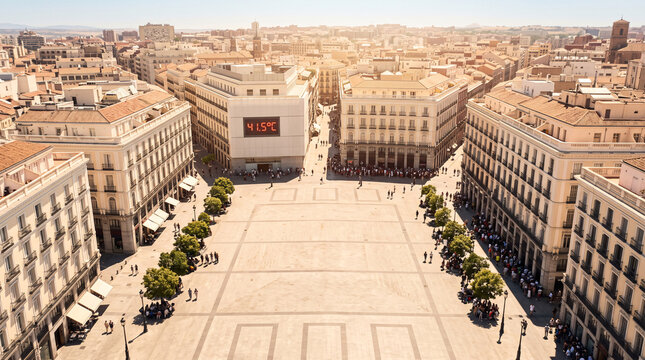 Vue a&eacute;rienne d'une place urbaine historique sous une canicule