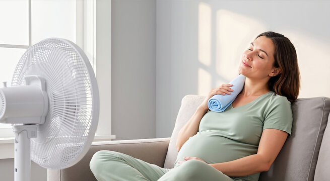 Pregnant woman cooling down with fan and cold compress on sofa. Summer heat relief concept