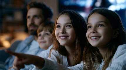 Fototapeta premium Family with father, son, and two daughters joyfully watching television together at home, sharing a family bonding moment and entertainment