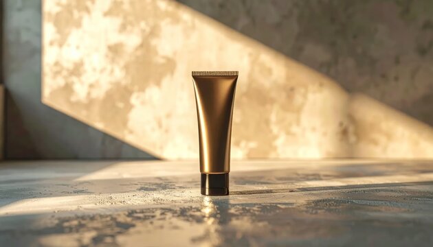 Luxurious Golden Skincare Tube Bathed in Warm Sunlight.