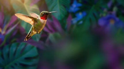 Fototapeta premium Ruby-throated hummingbird in mid-air flight against a lush tropical garden background for nature conservation and wildlife awareness projects