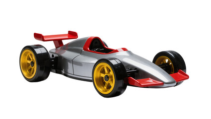 Fototapeta premium Isolated modern silver and red toy formula race car with gold wheels, realistic studio shot
