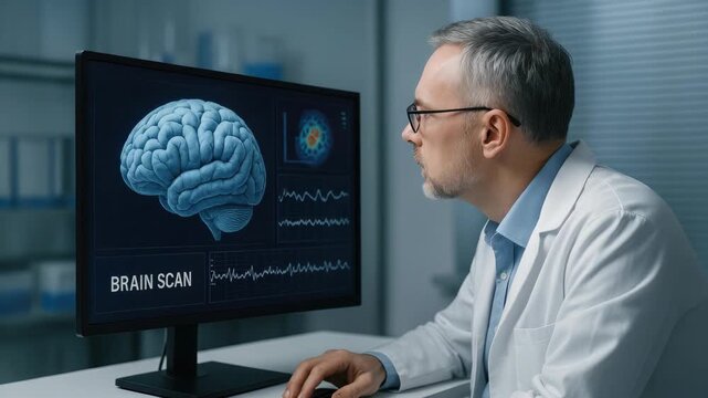 Doctor in a lab coat studying a brain scan on a computer monitor showing a 3D brain and EEG waveforms