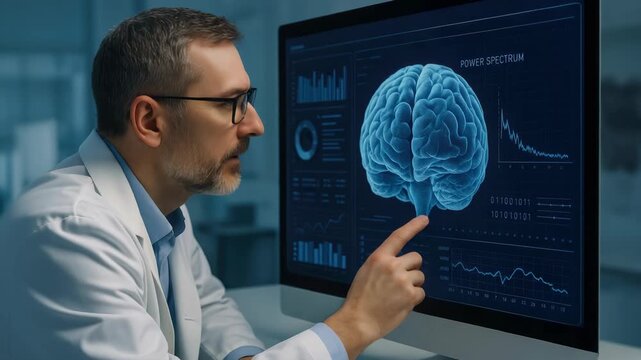 Doctor in a lab coat studies a detailed digital brain scan on a medical monitor, pointing at neural data