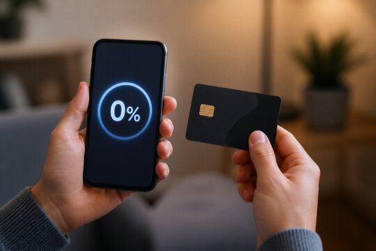 Hands hold phone and card with zero percent discount. Fingerless gloves grip sleek device and dark card. Soft lighting highlights digital offer and payment tool. User appears focused