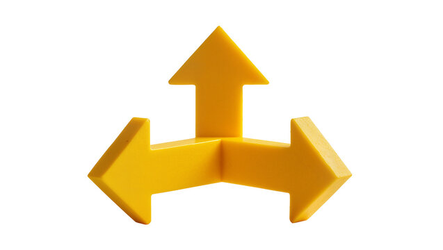 Isolated vibrant yellow three-way arrow symbol for multiple choices, directions, or decisions.