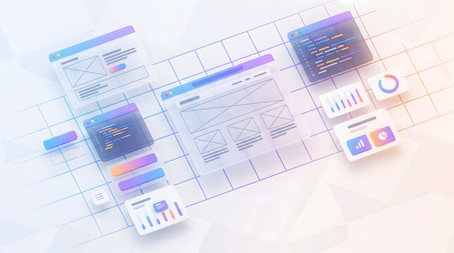 Floating computer code interface elements on transparent digital background with futuristic style