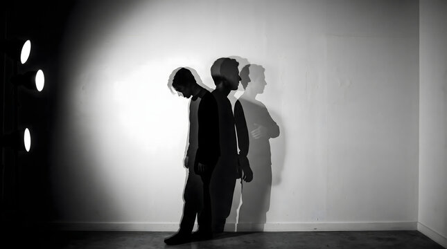 A conceptual black and white artistic silhouette portrait representing psychological struggle and internal emotional conflict of man