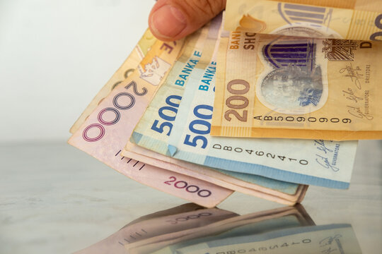 Albanian paper money close-up, Hand holding fan Albanian lek banknotes, paper money cash currency notes, financial background, economy and banking concept, financial and national banking system