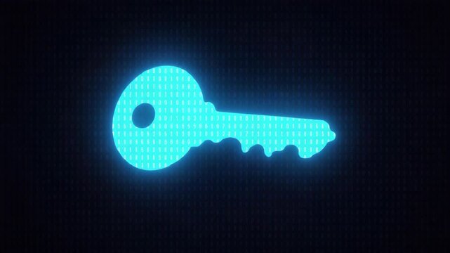 Glowing digital key icon made of binary code on a dark technology background, symbolizing encryption, access and cybersecurity