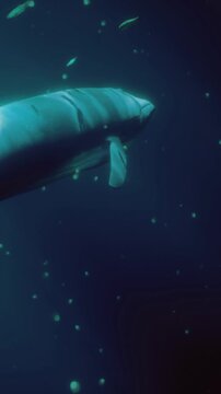 A large whale glides through the deep blue ocean. Bubbles rise from its body as sunlight filters through the water. Small particles float in the water around the whale.