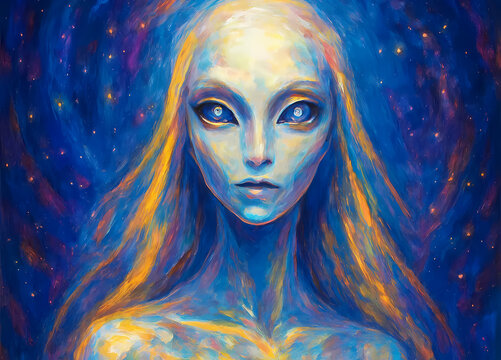 Abstract Digital Painting of Blue Pleiadian Alien with Long Blonde Hair and Cosmic Nebula