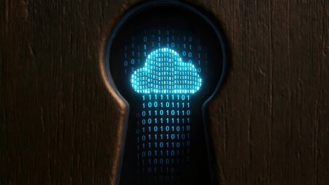 Glowing binary cloud visible through a keyhole in a wooden door, symbolizing cloud data access, privacy and security