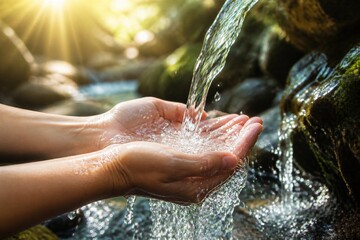 Fototapeta premium Sunlight filters through falling water onto open palms. Clear stream cascades gently over mossy rocks. Hands cradle fresh water, feeling its cool, cleansing touch