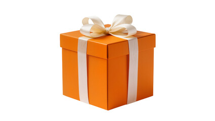 Isolated orange gift box wrapped with elegant cream ribbon bow, ready for celebration surprise