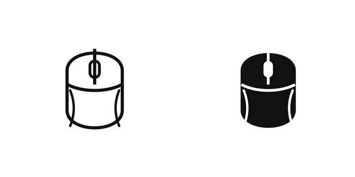 Ergonomic computer mouse icon set for desktop PC and laptop in linear outline and solid filled vector styles