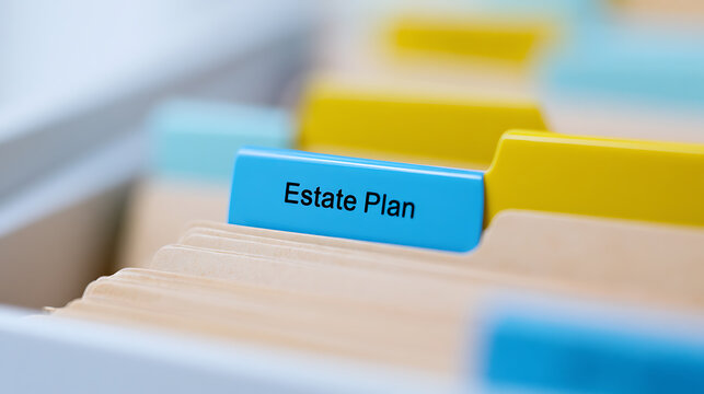 Close-up View of File Folder Tabs with "Estate Plan" Label for Legal, Financial, and Documentary Organization, Planning