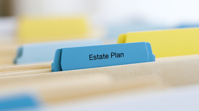 Close-up of a blue file tab labeled 'Estate Plan' in a row of office folders, highlighting organization and financial planning documents