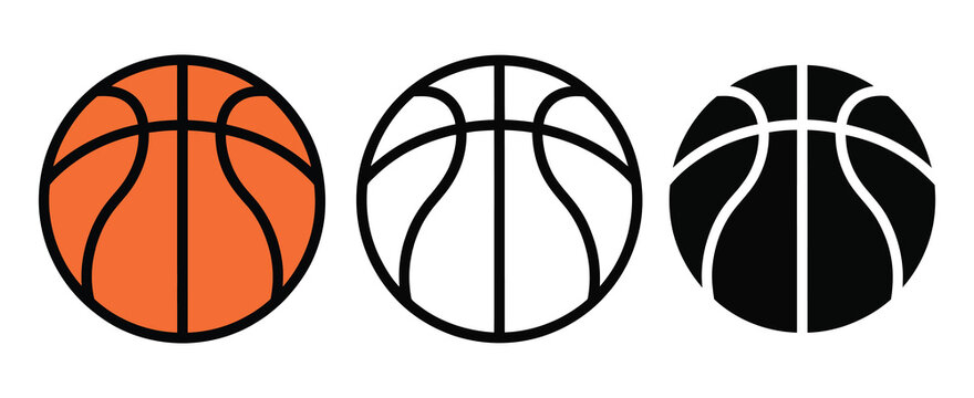 basketball icon collection featuring outline, filled and minimalist ball symbols, sports and game concept, clean vector design for branding, UI, apps, websites, social media and printable graphics.