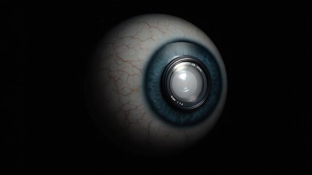Surreal close-up of a blue human eye with a camera lens as the pupil, dark vignette background conveying surveillance, cybernetic vision and biometric concept