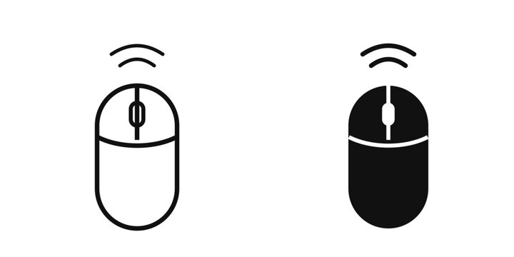 Wireless computer mouse icon with connection signal waves representing remote workspace in outline and solid styles