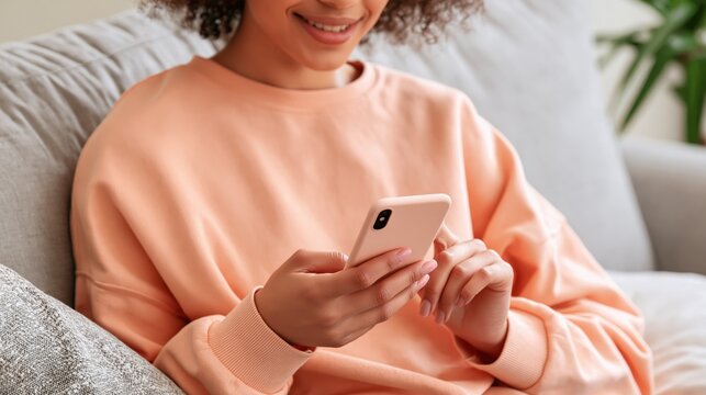 Young woman smiling while browsing her smartphone on a comfortable couch at home