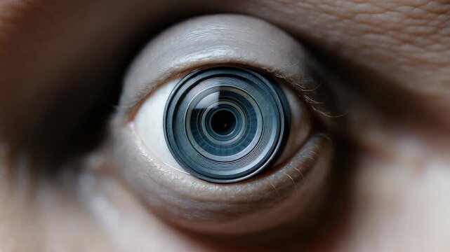 Close-up of a camera lens resembling an eye, set in dark low-key lighting with concentric glass elements and glossy reflections conveying surveillance and futuristic mood