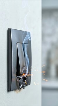 Vertical close-up of an overheated dark graphite rocker switch melting on a wall. Electrical short circuit emitting orange sparks and rising smoke. Home fire hazard concept