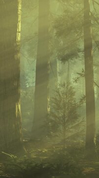 Sunlight shines through tall trees in a forest. This scene shows green plants and a clear view of the woods. The light creates a bright atmosphere in the early morning.