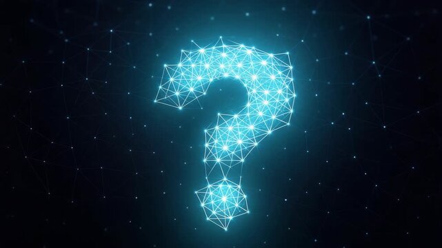 Glowing blue question mark made of connected nodes and lines on a dark tech background, evoking mystery, data, and digital inquiry