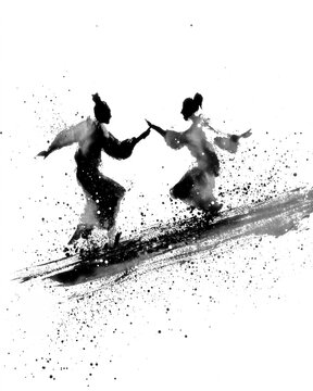 Sumi-e ink wash two lovers across the Milky Way for Tanabata / Japanese ink art