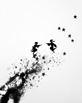 Sumi-e ink wash two lovers across the Milky Way for Tanabata / Japanese ink art