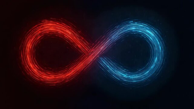 Glowing infinity symbol formed by blue and orange light trails with particle effects on a dark background