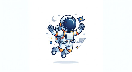 Cute Cartoon Astronaut Floating in Space Holding Flag Vector Illustration © yoga