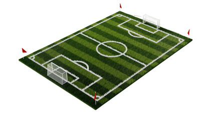 Isolated 3D render of a detailed soccer football pitch with two goals and four red corner flags © Andrei
