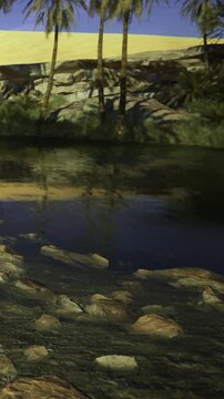 Water sits still and clear near a rocky area. Trees stand nearby as the sun sets in the background. The landscape shows a mix of nature and desert features.