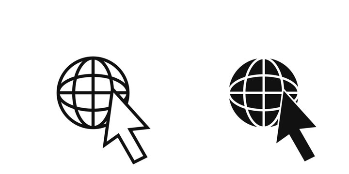 Global website internet click icon with globe and mouse arrow cursor in linear outline and solid filled vector styles