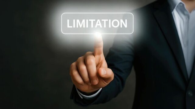 Businessman in a suit pressing a glowing virtual button labeled "limitation" on a dark background