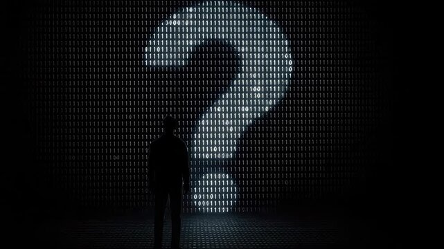 Silhouette facing a large glowing question mark formed from binary code on a dark digital background, evoking data uncertainty and cyber mystery