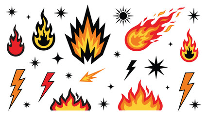 Retro tattoo style set of fire flames lightning bolts and stars illustration vector collection of bold traditional tattoo symbols with classic flash art design elements © SHORIF VTZ