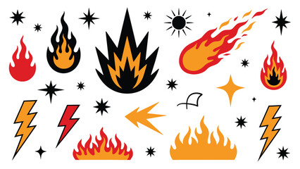 Retro tattoo style set of fire flames lightning bolts and stars illustration vector collection of bold traditional tattoo symbols with classic flash art design elements © SHORIF VTZ