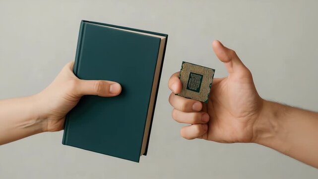 Hand-to-hand exchange of a closed dark green hardcover book and a computer processor chip against a neutral background