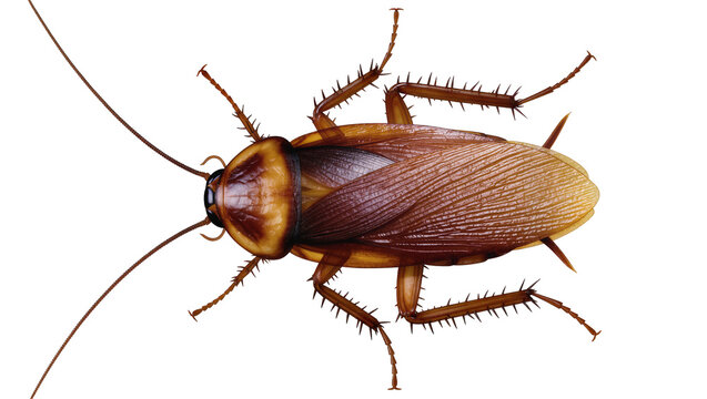 Isolated top view studio photography of a common brown American cockroach insect pest