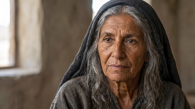 Portrait of an elderly woman with gray hair and a dark head covering. Biblical figure Anna the Prophetess in deep contemplation