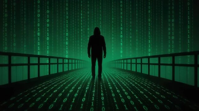 Silhouetted figure stands on a glowing digital bridge of green binary code, evoking cyber mystery and futuristic technology